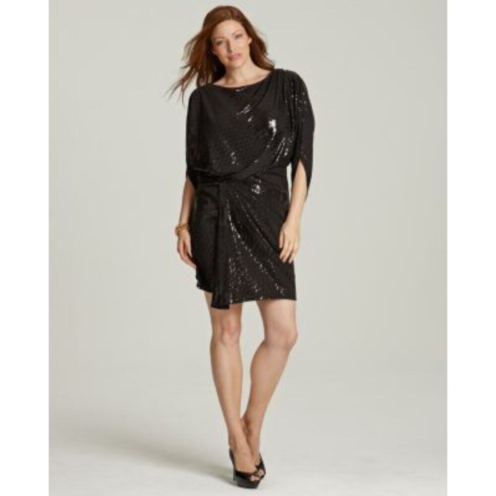 David Meister Size 14 black Sequined Draped Short Dress cocktail semi-formal